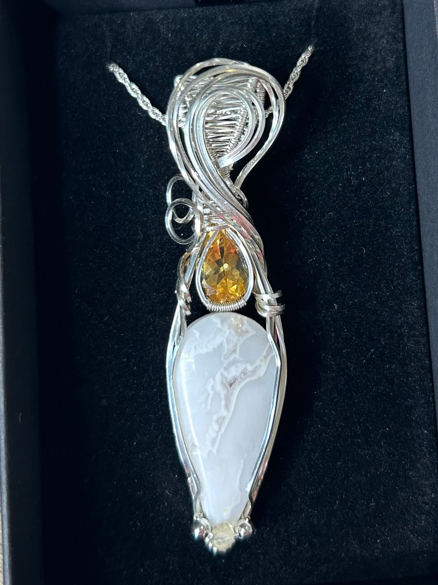 Snow Agate with Druzy and Citrine Sterling Silver Necklace