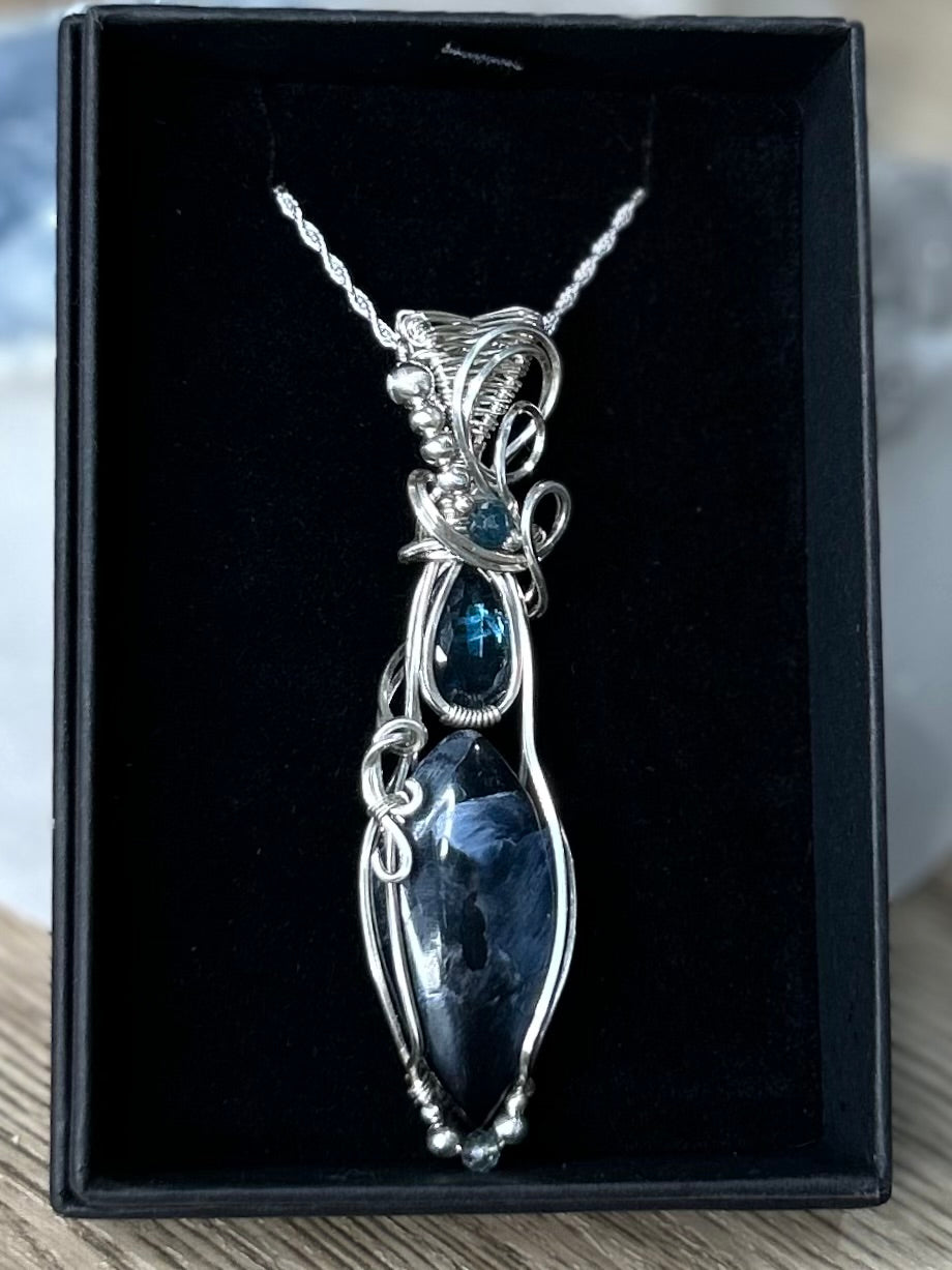 Pietersite, Kyanite and Apatite Sterling Silver Necklace