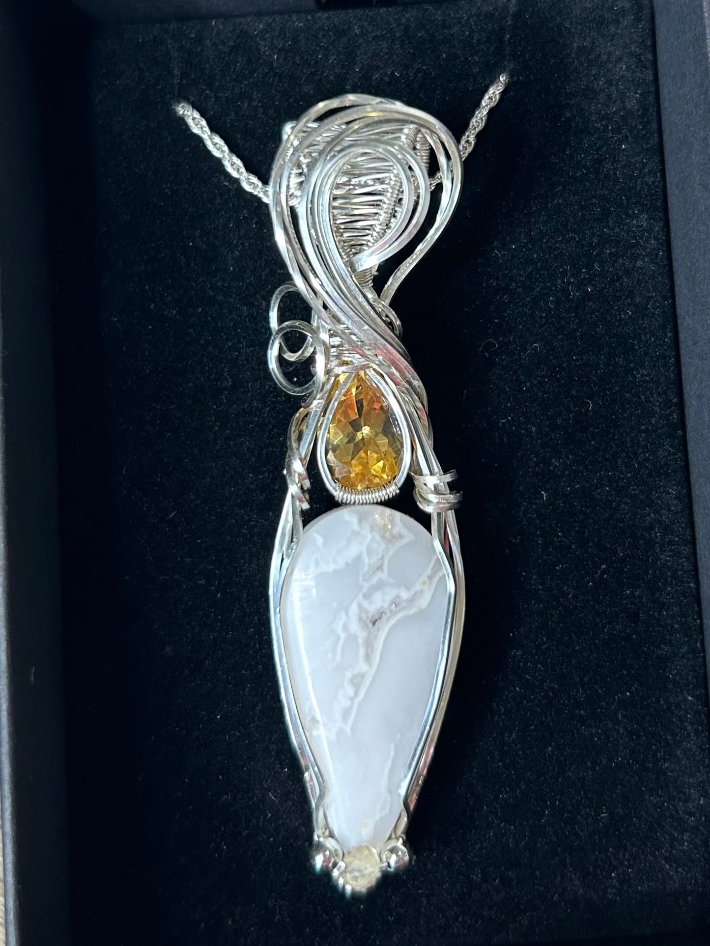 Snow Agate with Druzy and Cirtine Sterling Silver Necklace