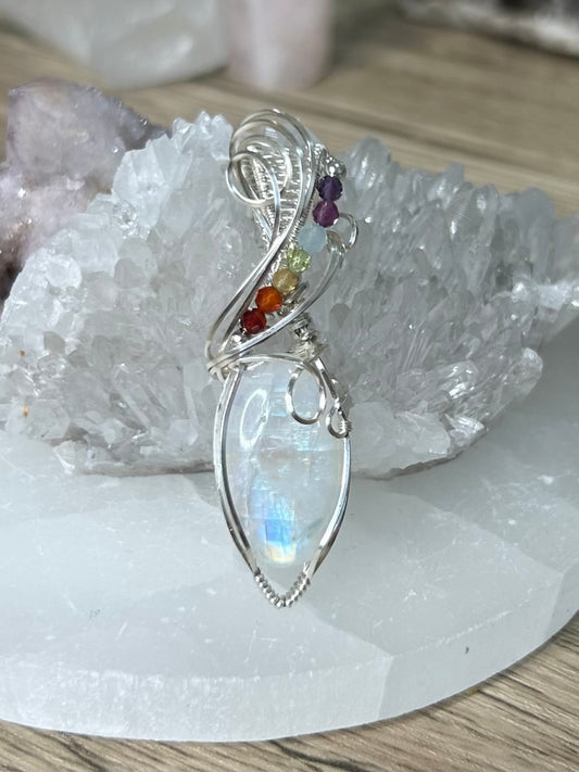 Rainbow Moonstone and 7 Chakras Sterling Silver Necklace