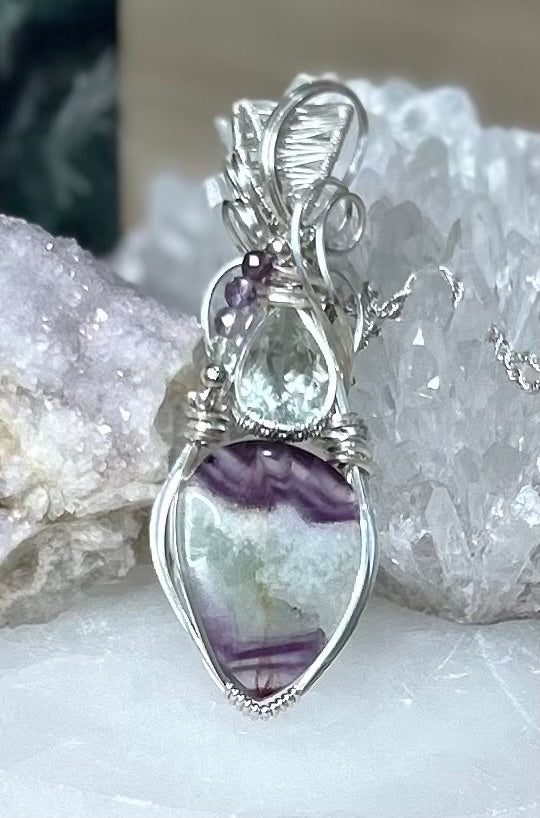 Chevron Amethyst, Prasiolite and Fluorite Sterling Silver Necklace