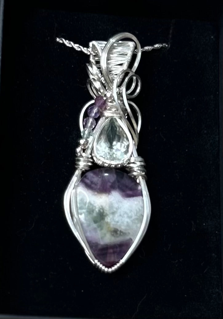 Chevron Amethyst, Prasiolite and Fluorite Sterling Silver Necklace