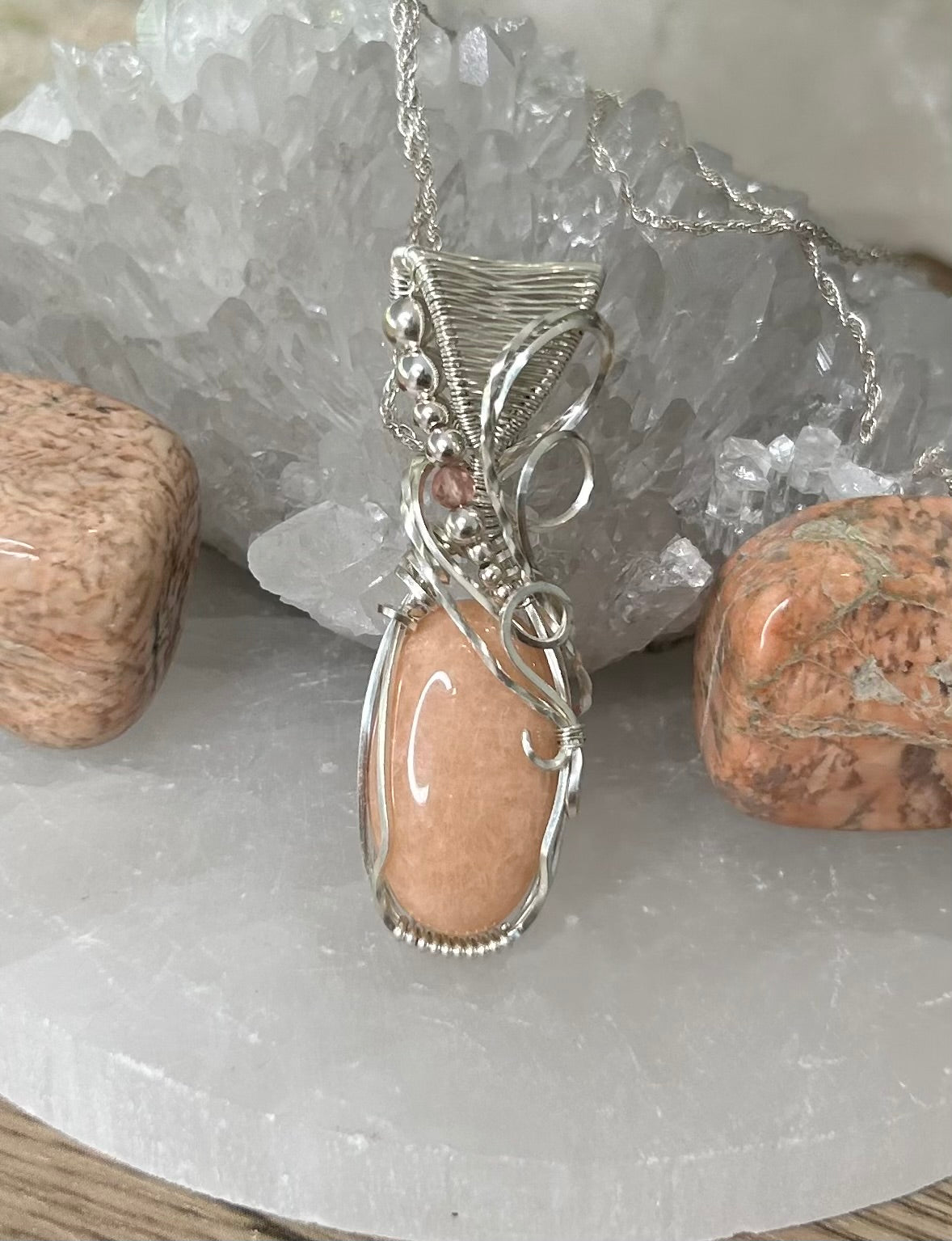 Peach Amazonite and Tourmaline Sterling Silver Necklace