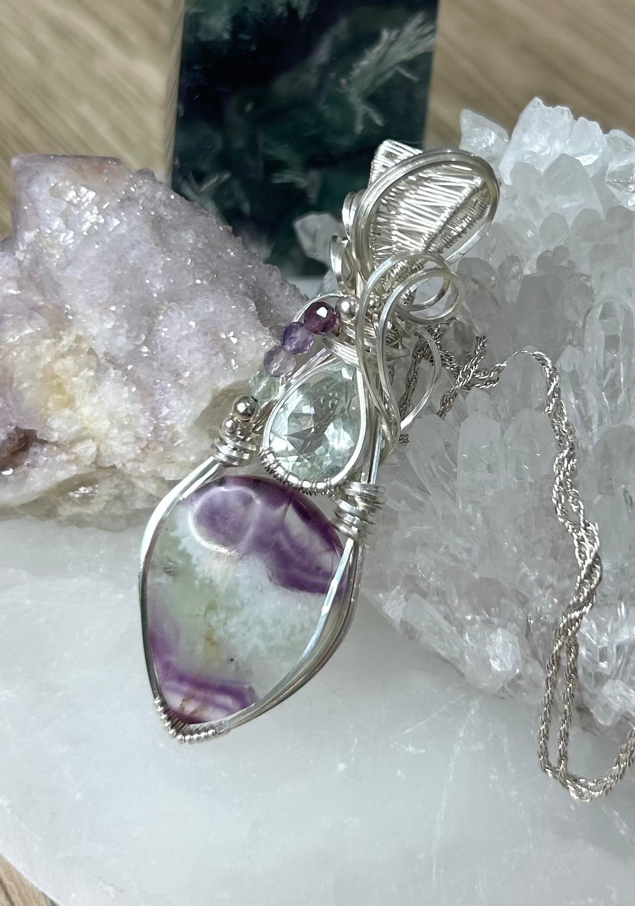 Chevron Amethyst, Prasiolite and Fluorite Sterling Silver Necklace