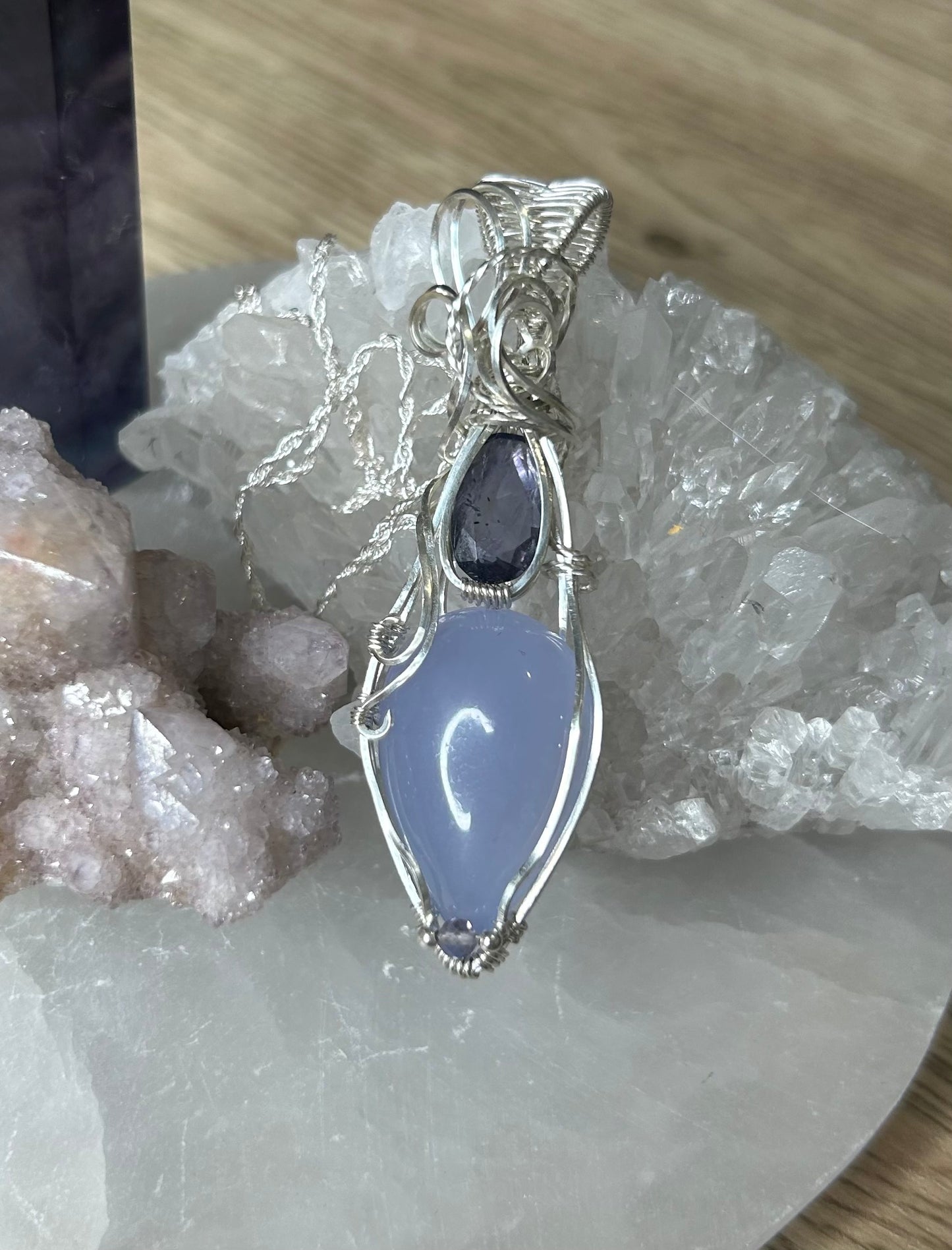 A Chalcedony, Iolite and Fluorite Sterling Silver Necklace