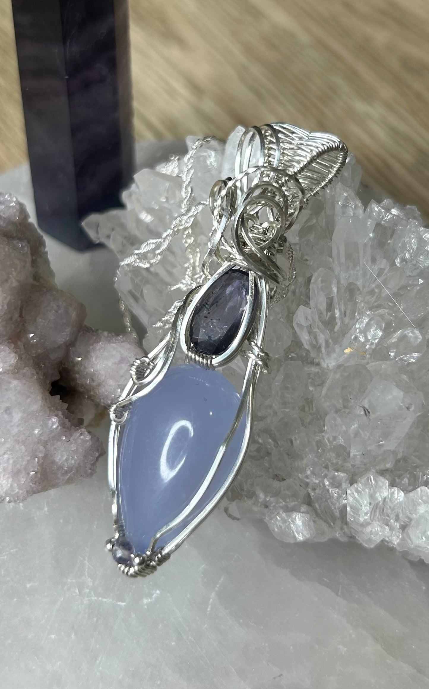 A Chalcedony, Iolite and Fluorite Sterling Silver Necklace