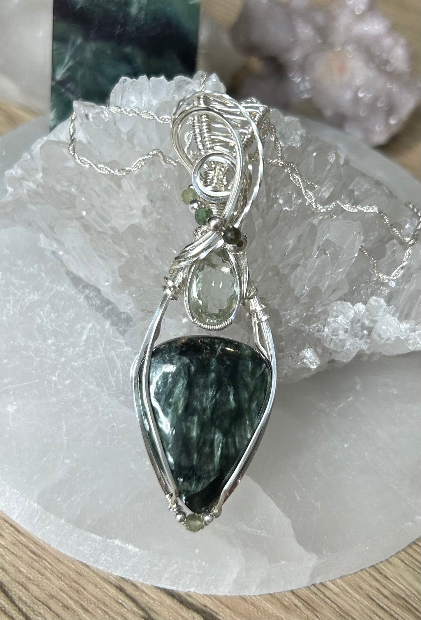 Seraphinite, Prasiolite and Tourmaline Sterling Silver Necklace