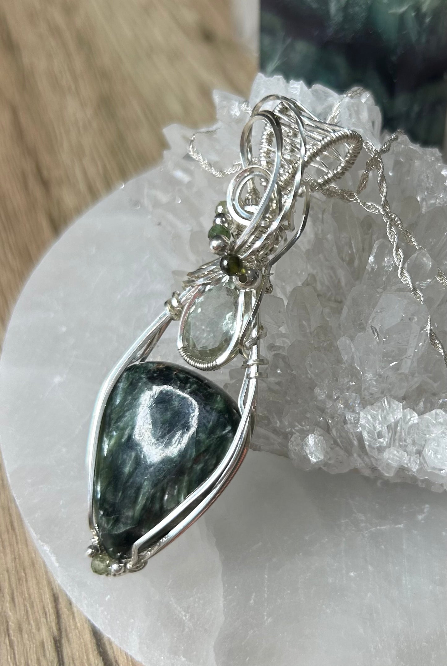 Seraphinite, Prasiolite and Tourmaline Sterling Silver Necklace