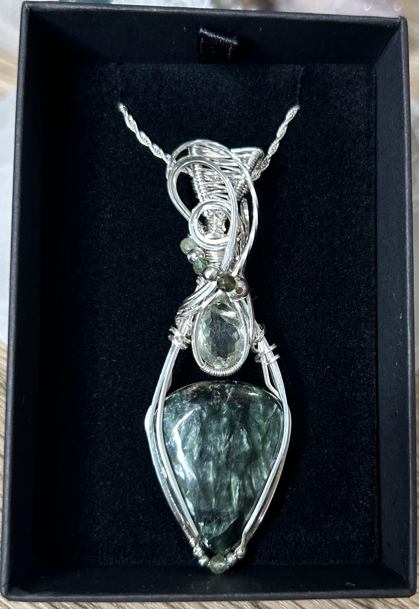 Seraphinite, Prasiolite and Tourmaline Sterling Silver Necklace