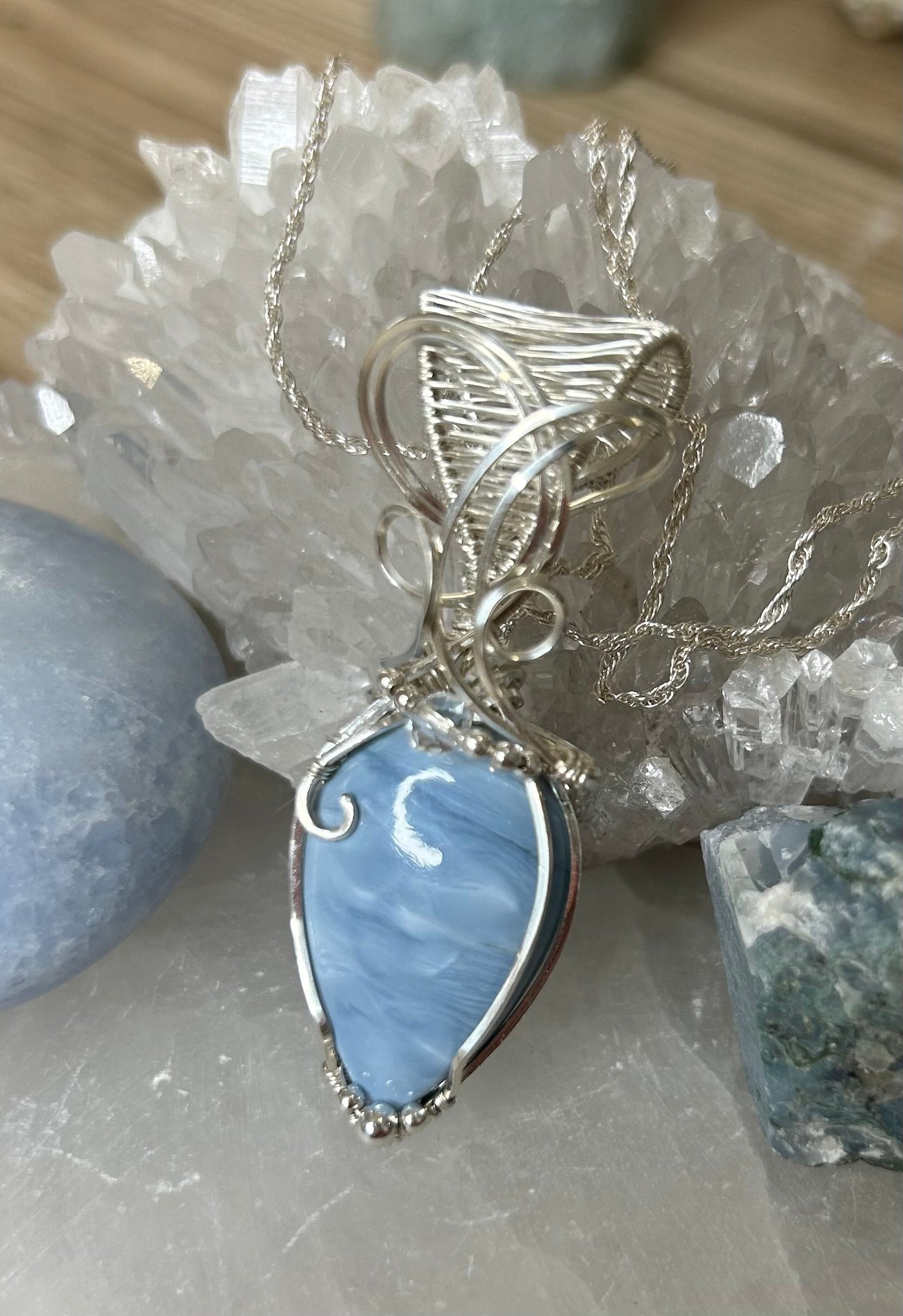 Blue Owyhee Opal and Quartz Sterling Silver Necklace