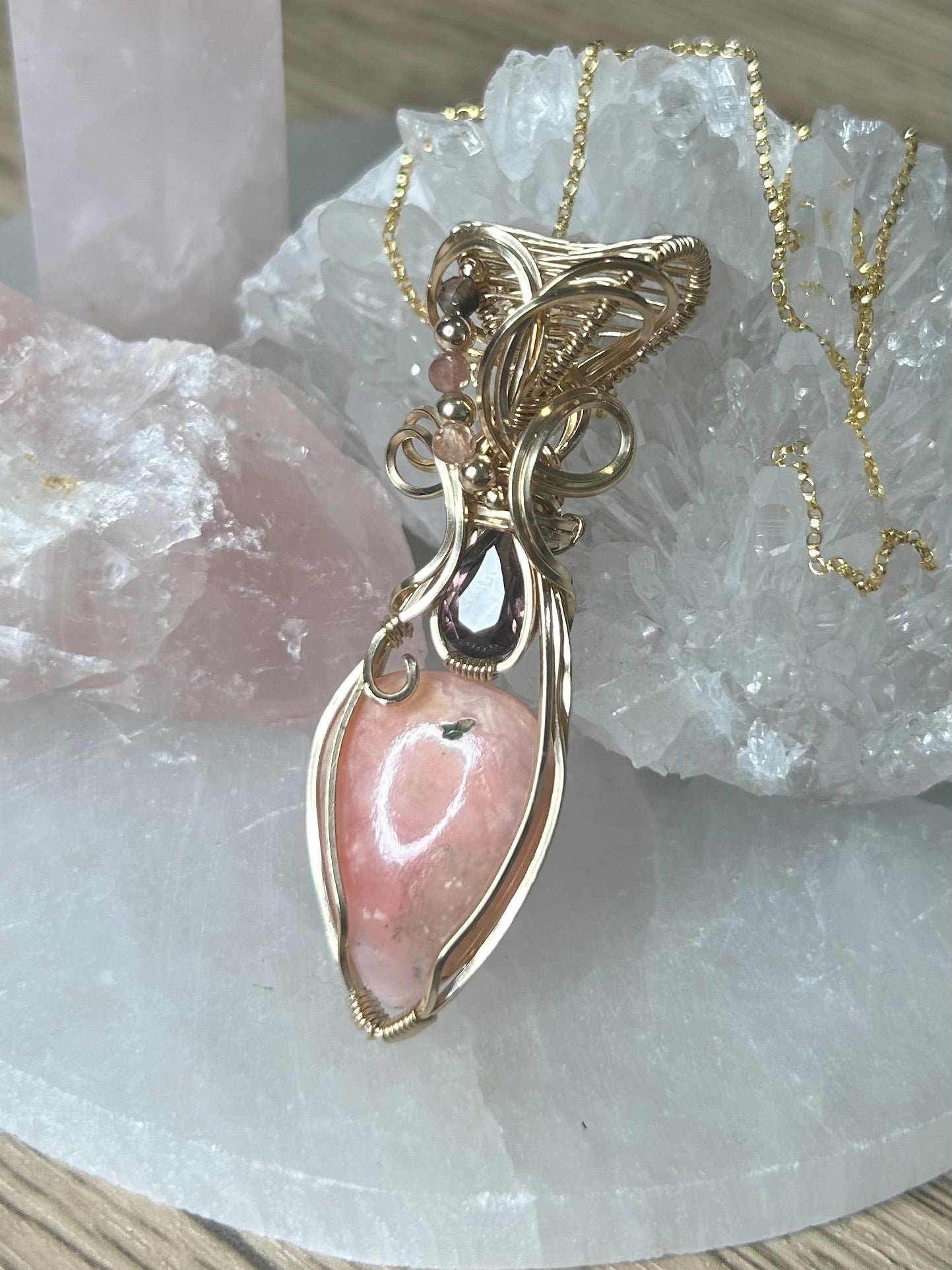 Pink Opal and Tourmaline 14k Gold Filled Necklace