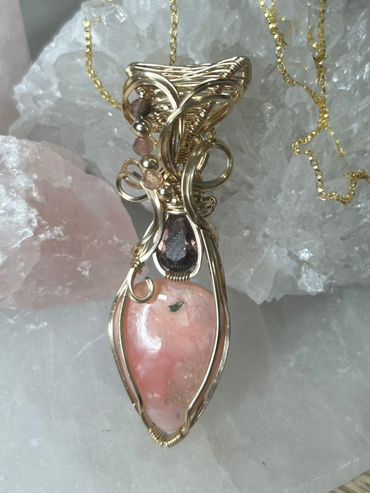 Pink Opal and Tourmaline 14k Gold Filled Necklace