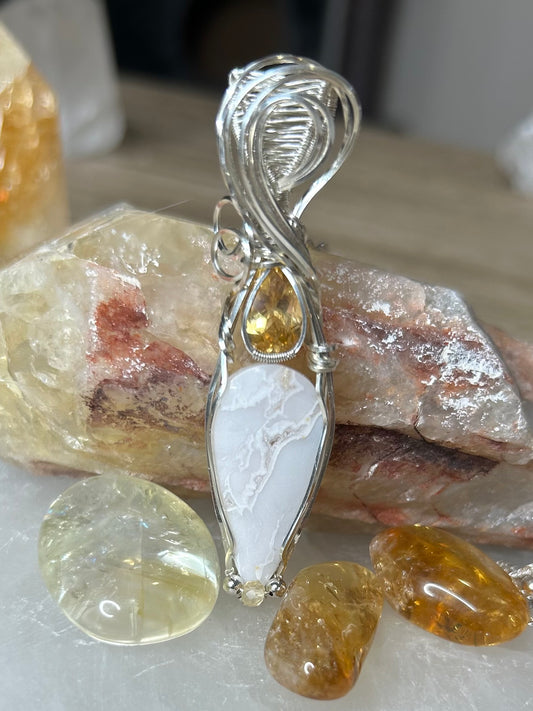 Snow Agate with Druzy and Cirtine Sterling Silver Necklace