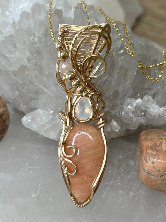 Peach Amazonite, Blue Moon Quartz and Morganite 14k Gold Filled Necklace