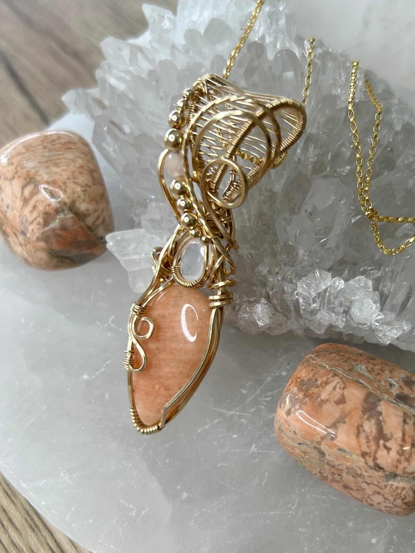 Peach Amazonite, Blue Moon Quartz and Morganite 14k Gold Filled Necklace