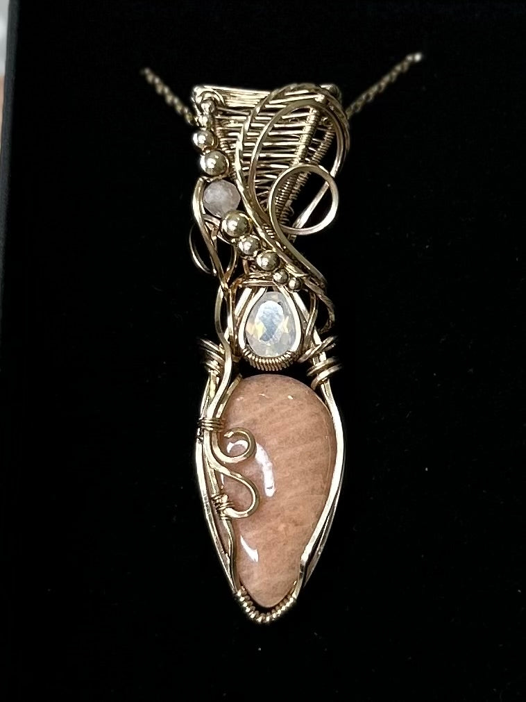 Peach Amazonite, Blue Moon Quartz and Morganite 14k Gold Filled Necklace