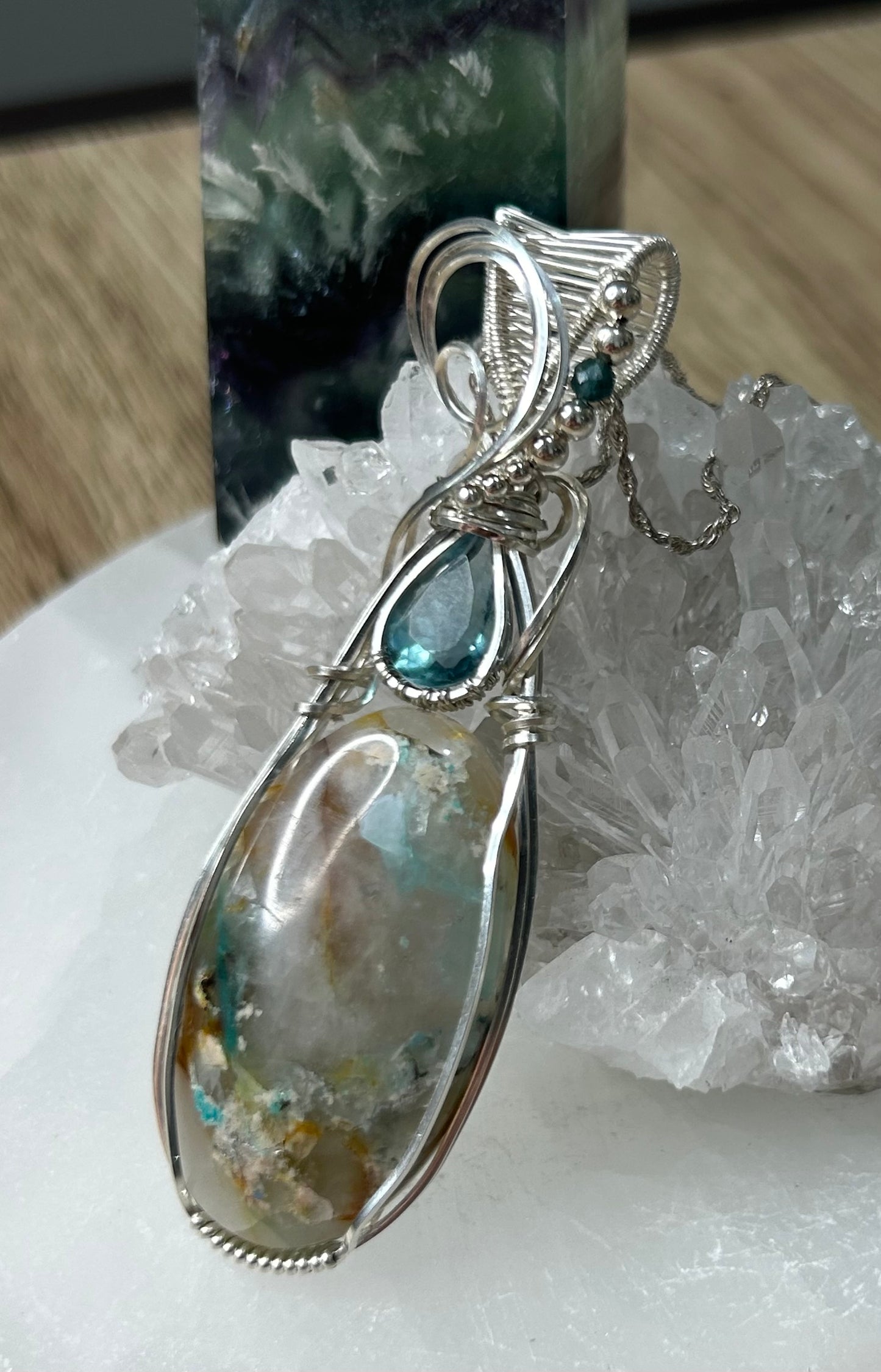 Chrysocolla in Quartz, Apatite and Tourmaline Sterling Silver Necklace