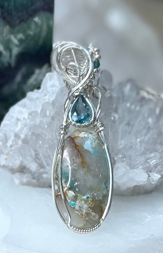 Chrysocolla in Quartz, Apatite and Tourmaline Sterling Silver Necklace