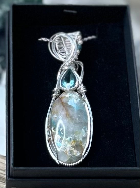 Chrysocolla in Quartz, Apatite and Tourmaline Sterling Silver Necklace