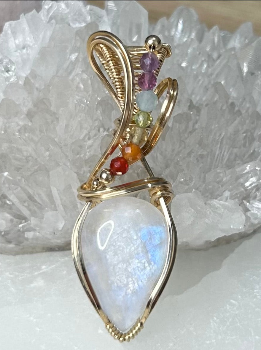 Rainbow Moonstone and 7 Chakras 14k Gold Filled Necklace