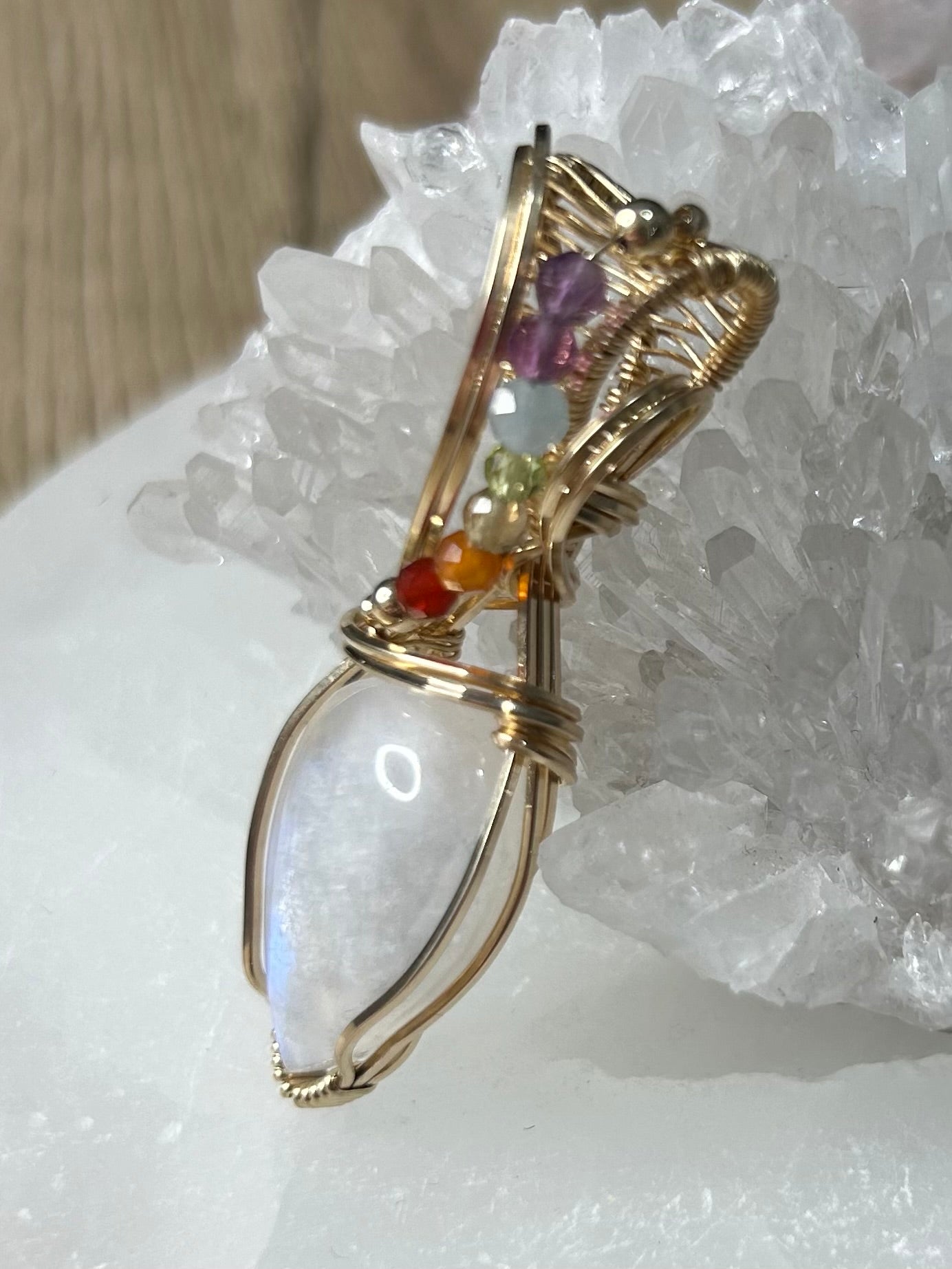 Rainbow Moonstone and 7 Chakras 14k Gold Filled Necklace