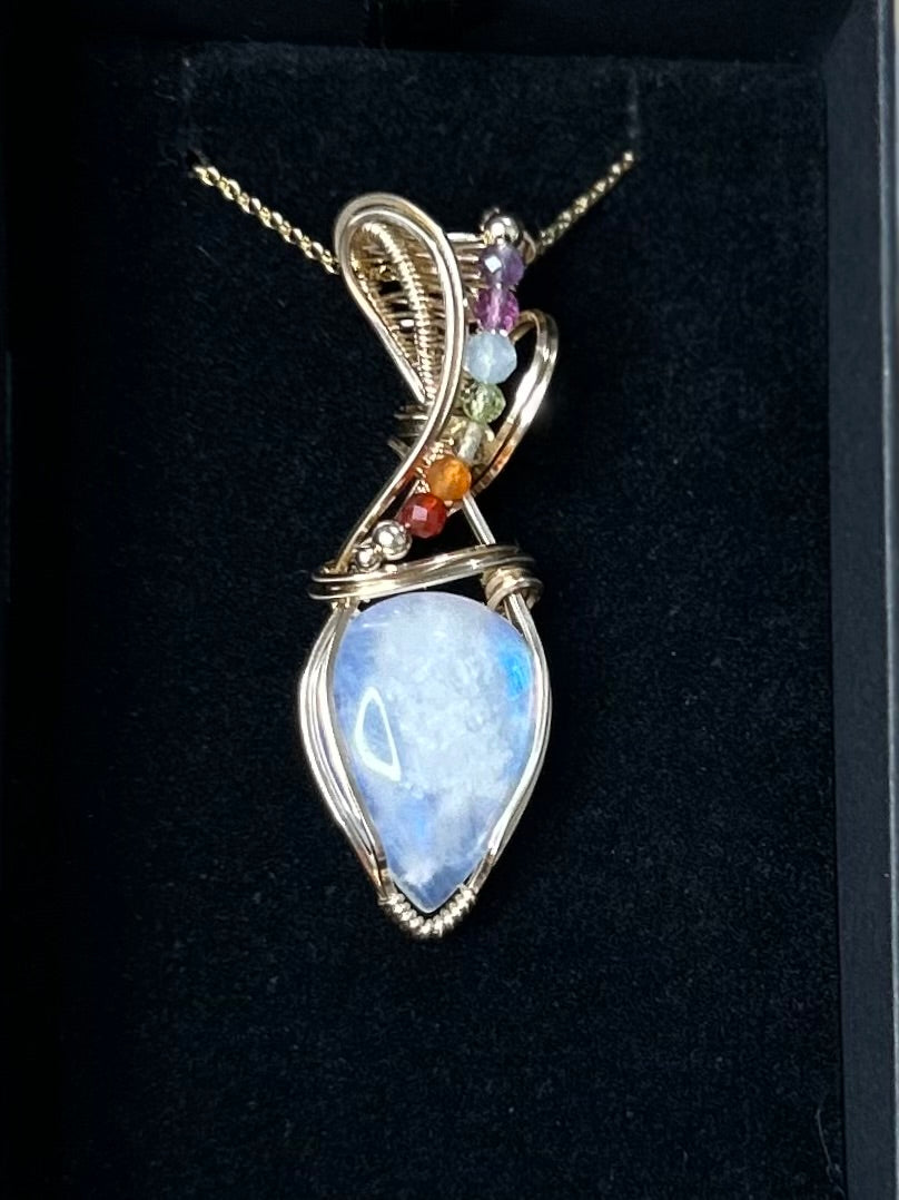 Rainbow Moonstone and 7 Chakras 14k Gold Filled Necklace