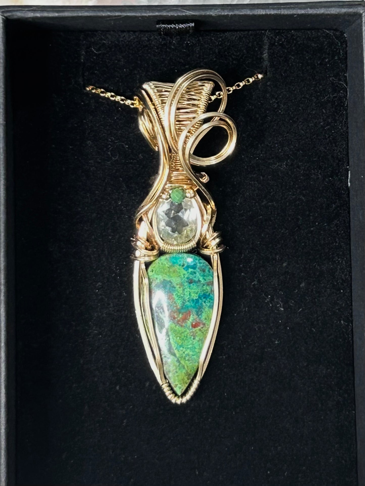 Parrot's Wing Chrysocolla , Prasiolite and Peruvian Turquoise 14k Gold Filled Necklace