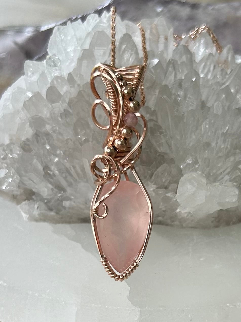 Rose Quartz and Tourmaline 14k Rose Gold Filled Necklace