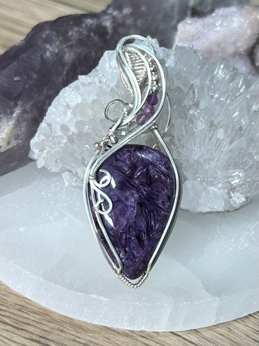 A Charoite and Fluorite Sterling Silver Necklace