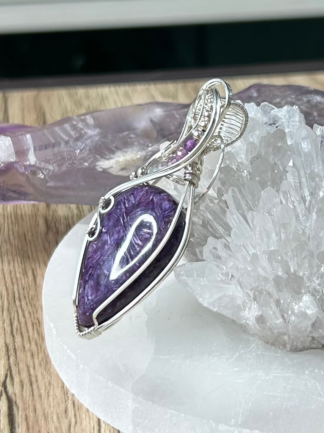 A Charoite and Fluorite Sterling Silver Necklace