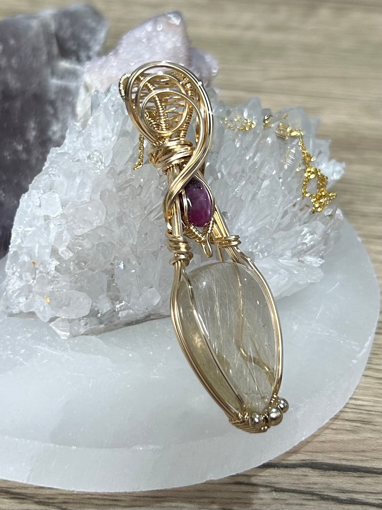 Golden Rutilated Quartz and Ruby 14k Gold Filled Necklace