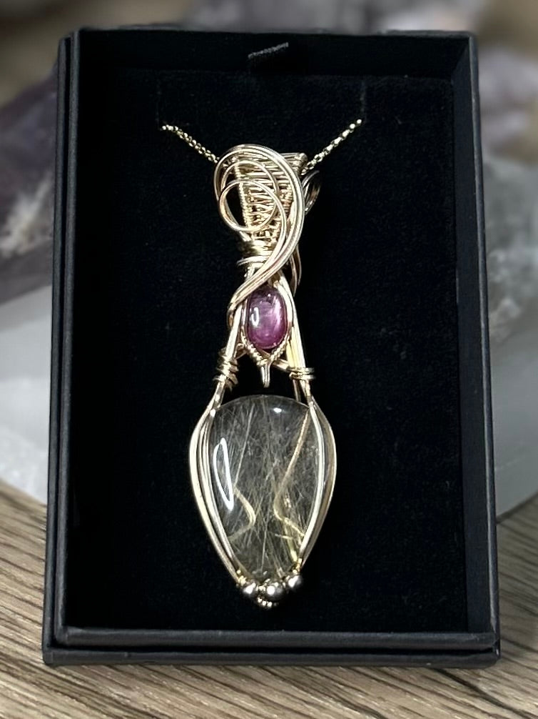 Golden Rutilated Quartz and Ruby 14k Gold Filled Necklace