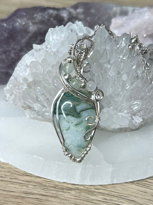 Tree Agate and Amazonite Sterling Silver Necklace