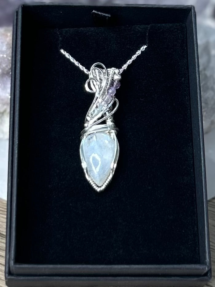 Rainbow Moonstone and Fluorite Sterling Silver Necklace