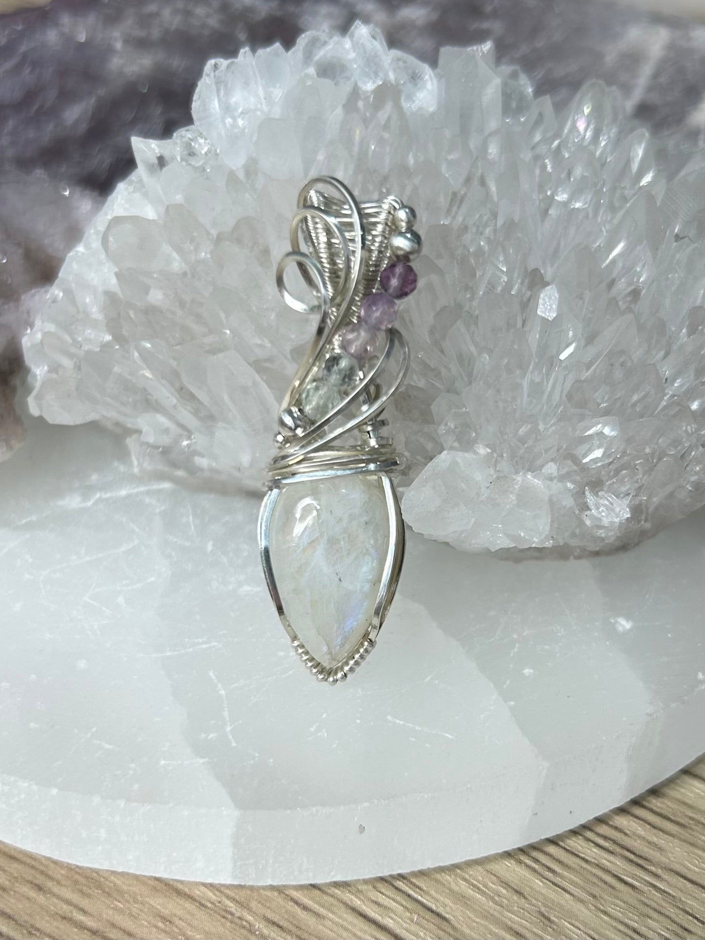 Rainbow Moonstone and Fluorite Sterling Silver Necklace