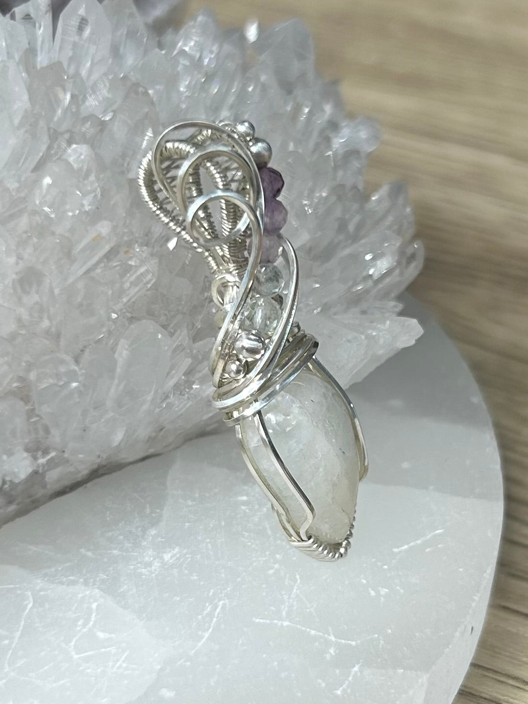 Rainbow Moonstone and Fluorite Sterling Silver Necklace