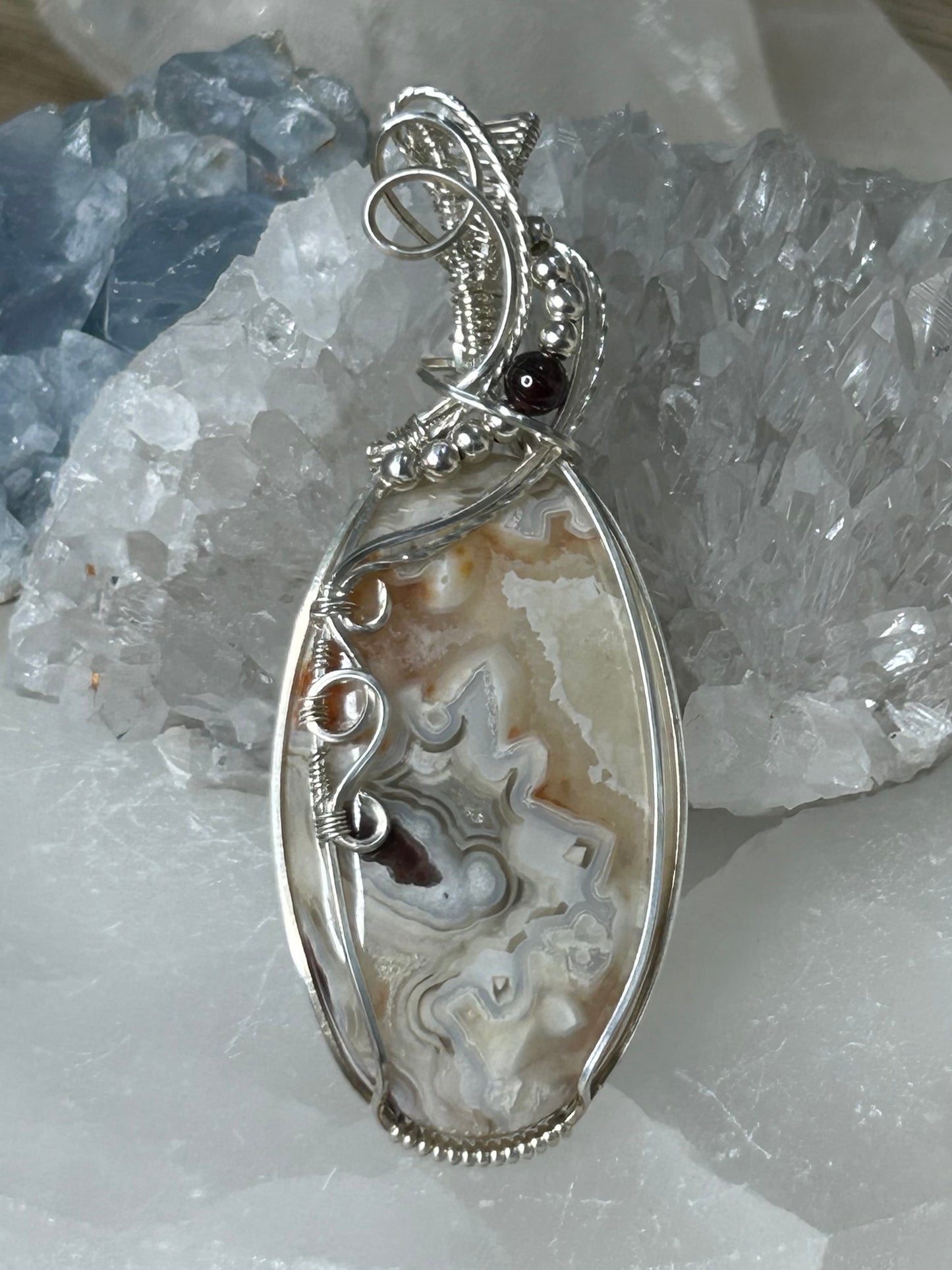 Crazy Lace Agate and Garnet Sterling Silver Necklace