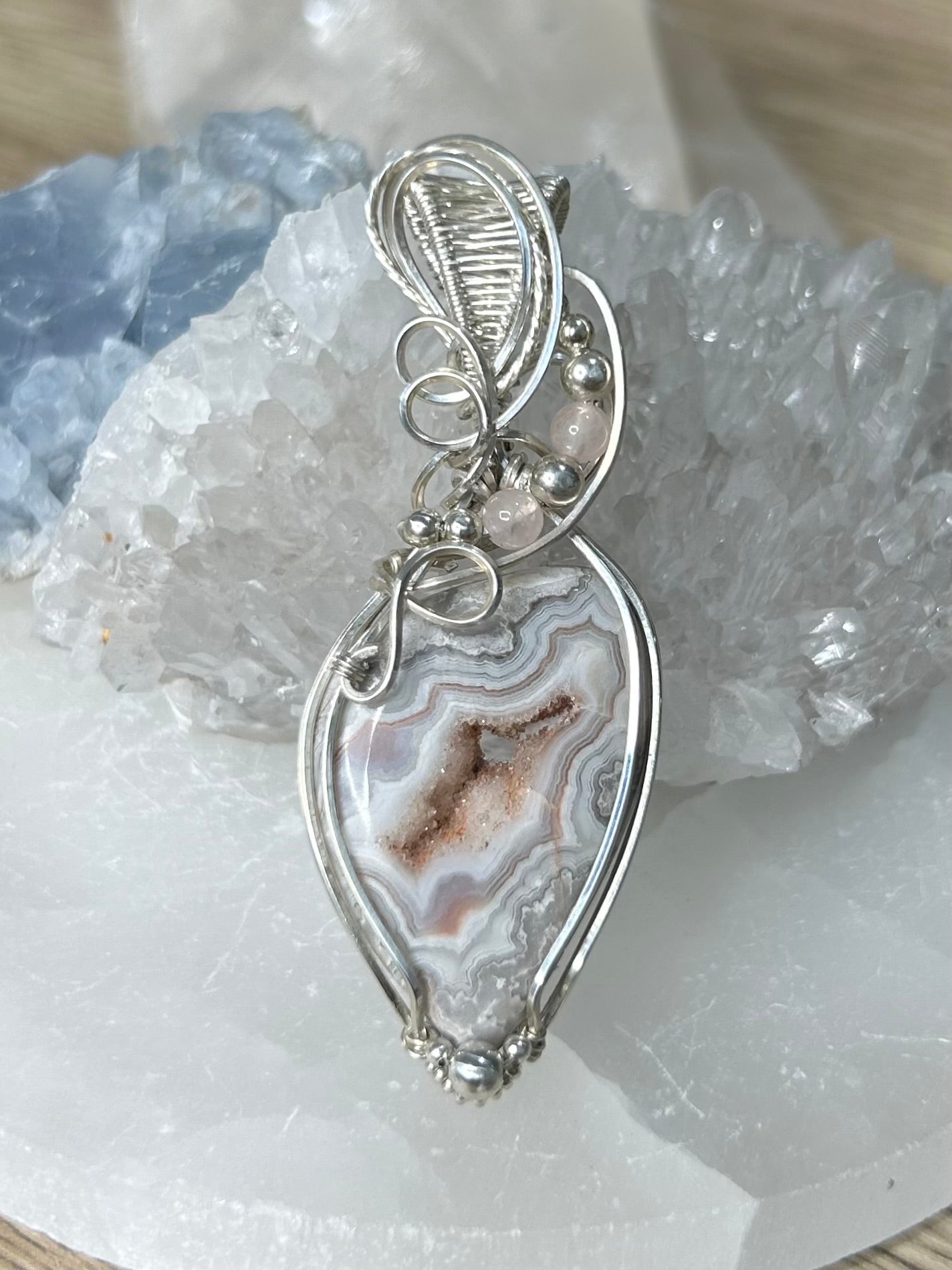 Crazy Lace Agate and Rose Quartz Sterling Silver Necklace