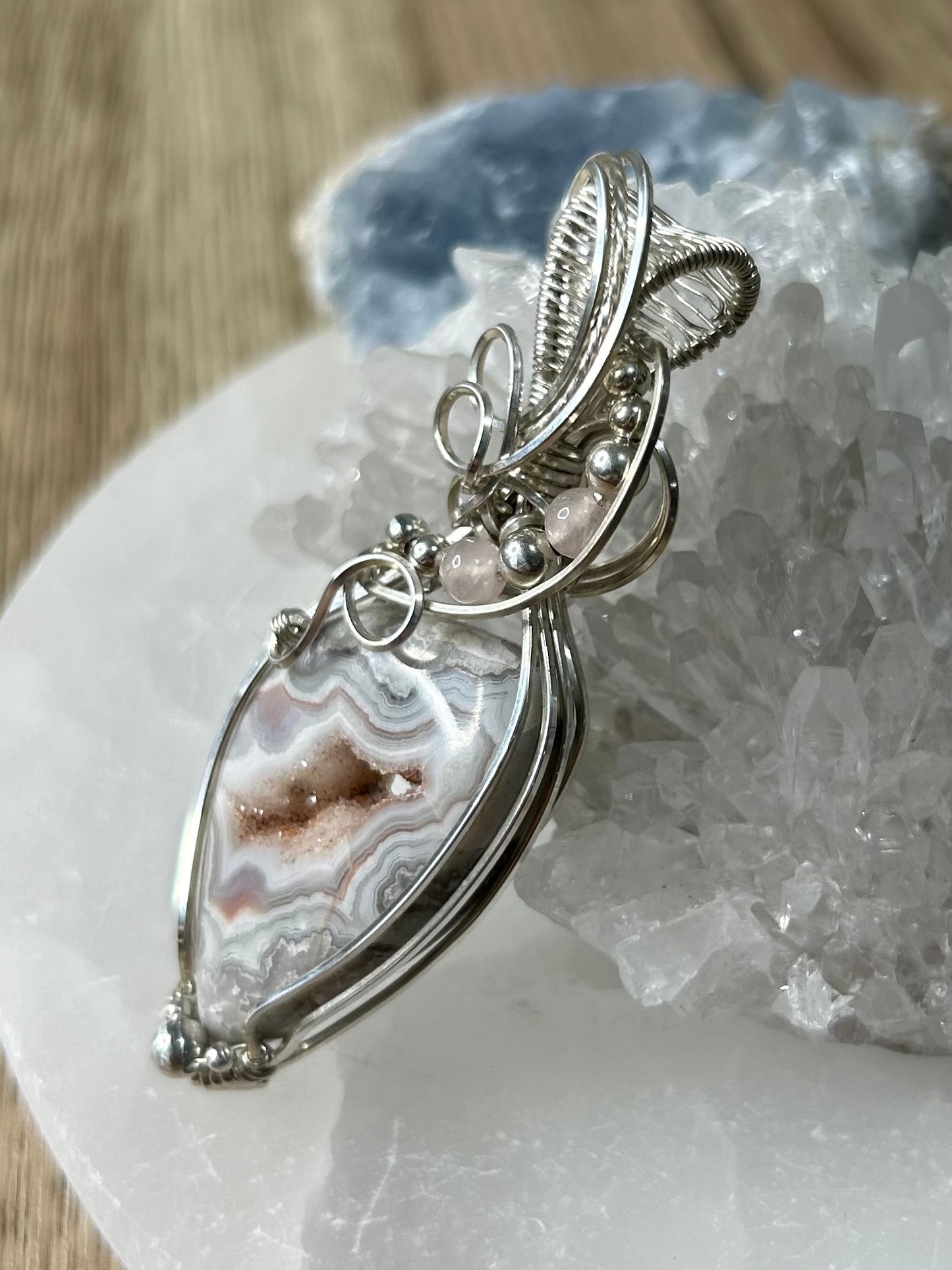 Crazy Lace Agate and Rose Quartz Sterling Silver Necklace