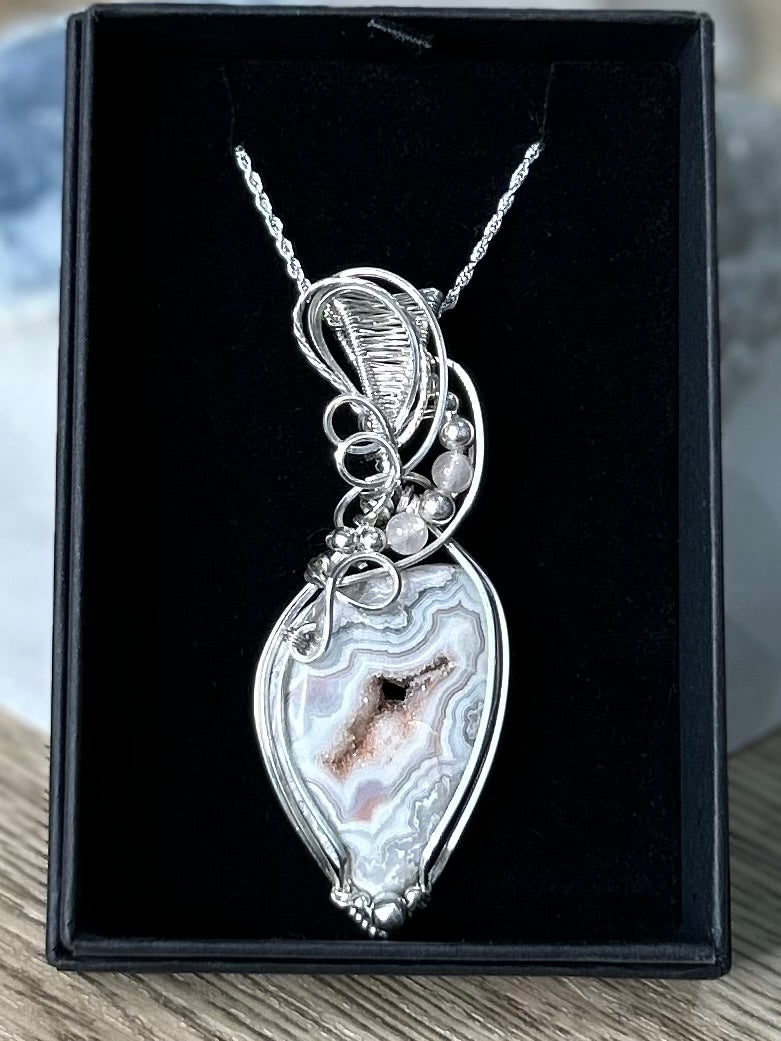 Crazy Lace Agate and Rose Quartz Sterling Silver Necklace