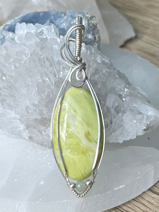 Lemon Serpentine and Tianshan Mountain Jade  Sterling Silver Necklace