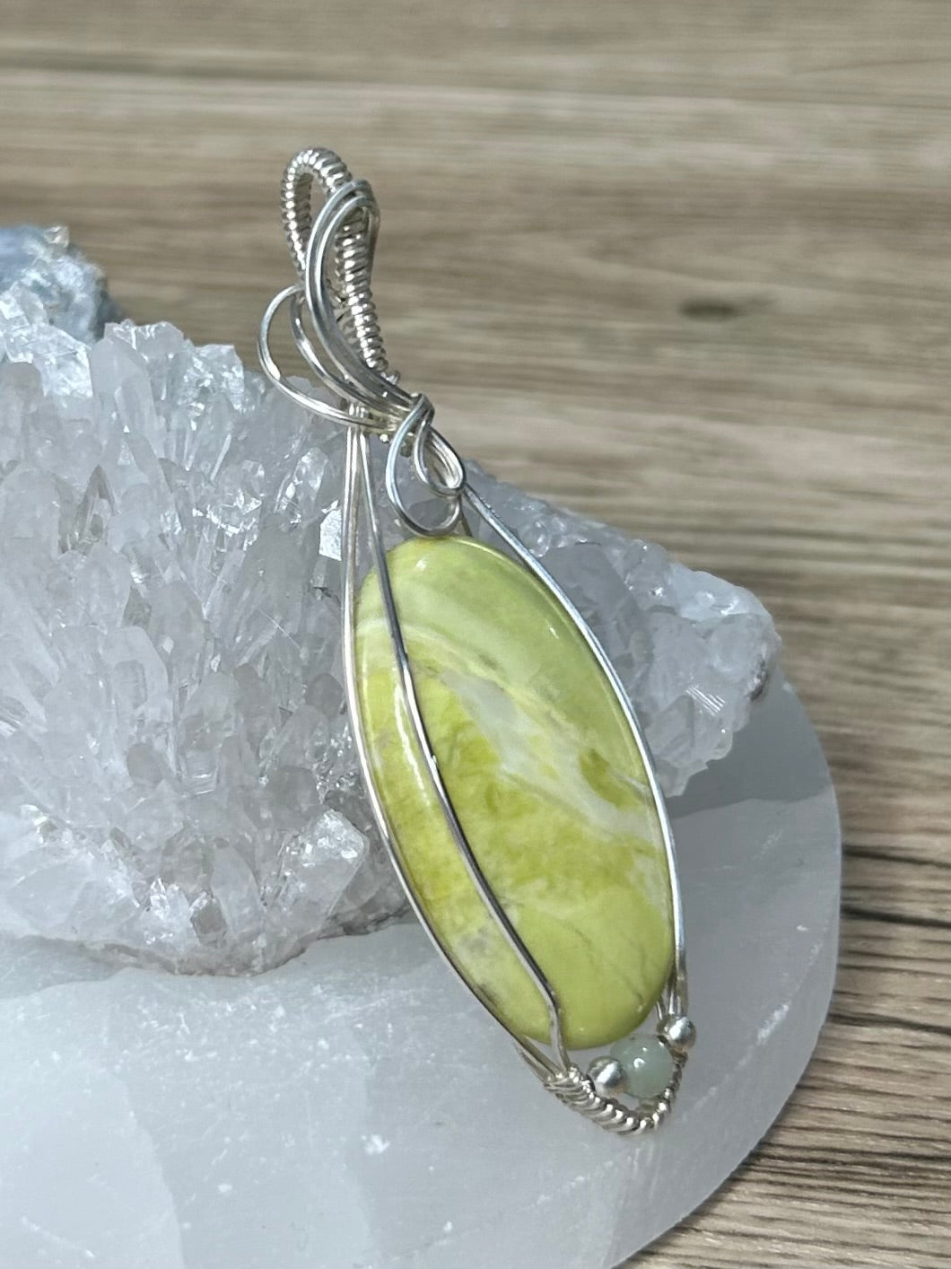 Lemon Serpentine and Tianshan Mountain Jade  Sterling Silver Necklace