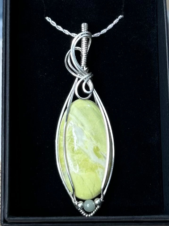 Lemon Serpentine and Tianshan Mountain Jade  Sterling Silver Necklace