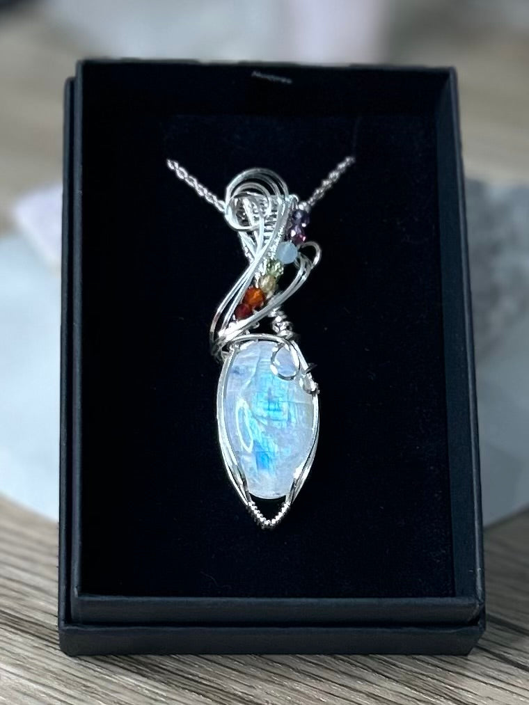 Rainbow Moonstone and 7 Chakras Sterling Silver Necklace