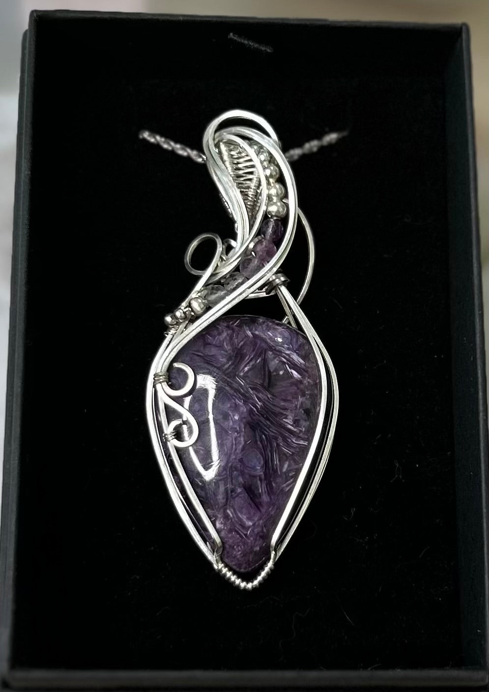 A Charoite and Fluorite Sterling Silver Necklace