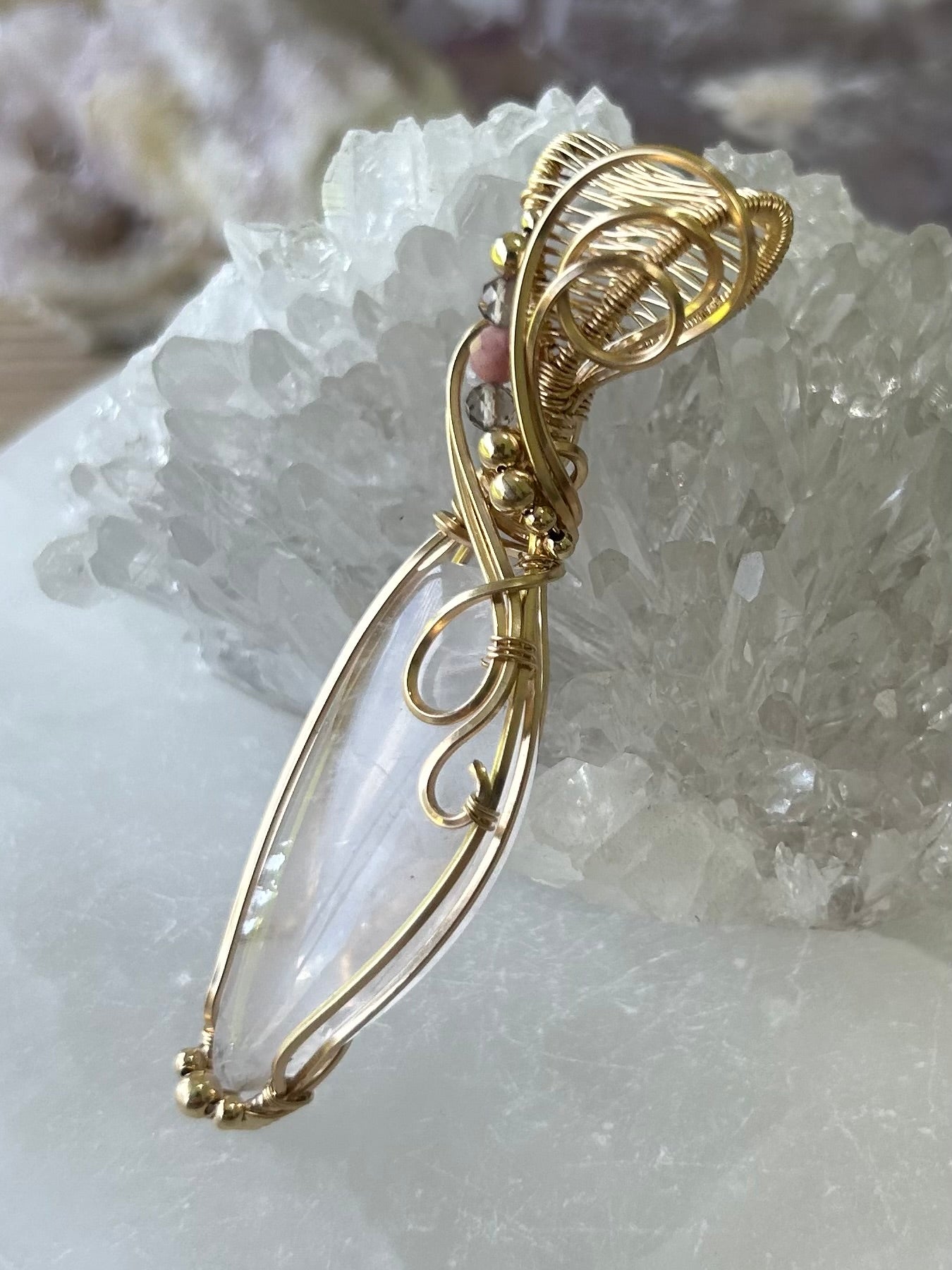 Clear Quartz, Smoky Quartz and Rhodonite 14k Gold Filled Necklace