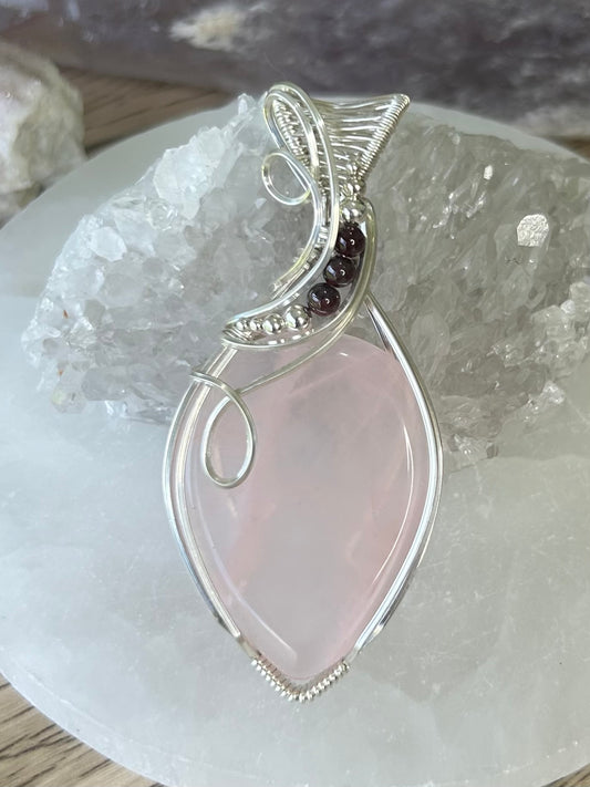 Large Rose Quartz and Garnet Sterling Silver Necklace