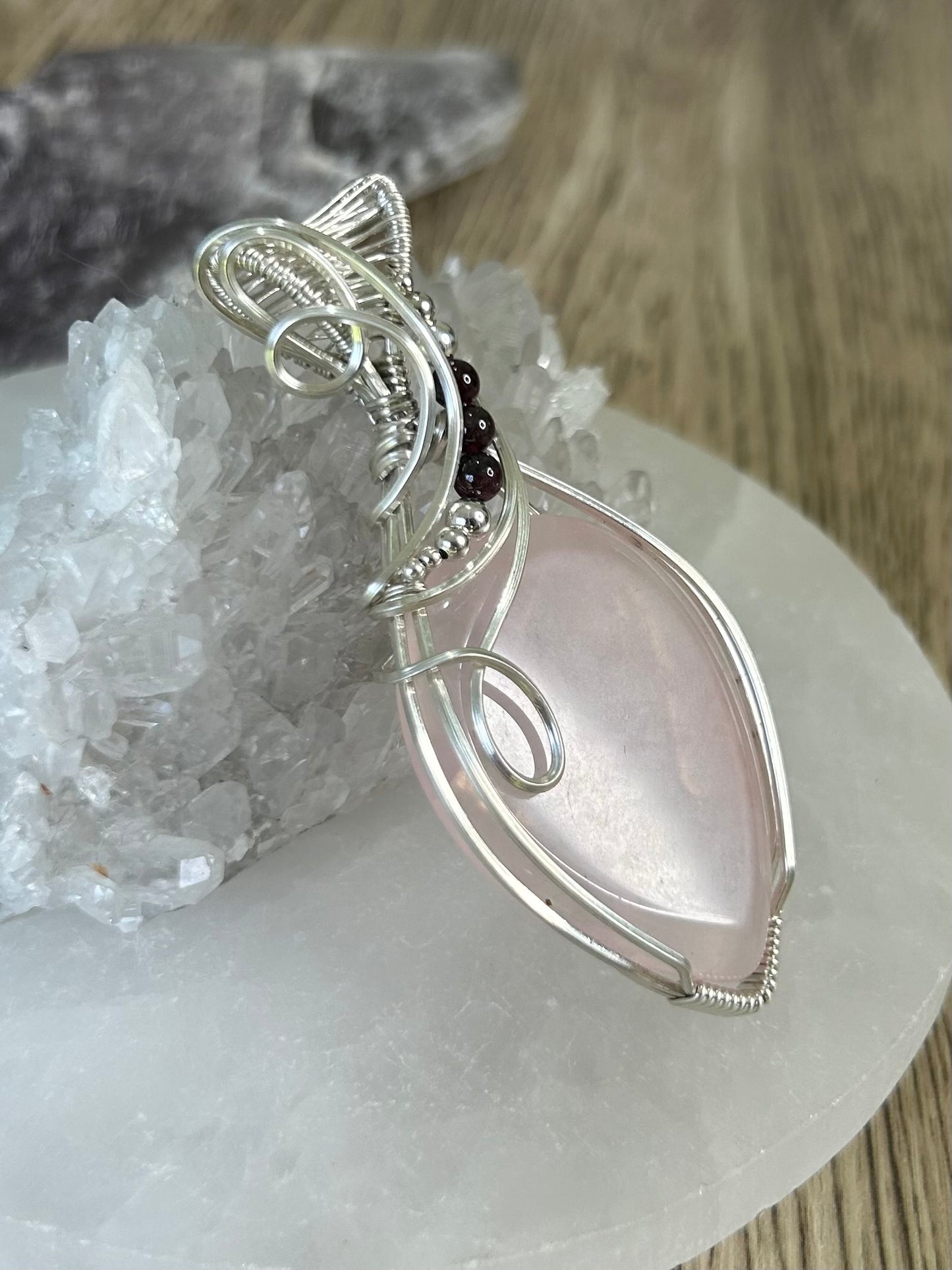 Large Rose Quartz and Garnet Sterling Silver Necklace