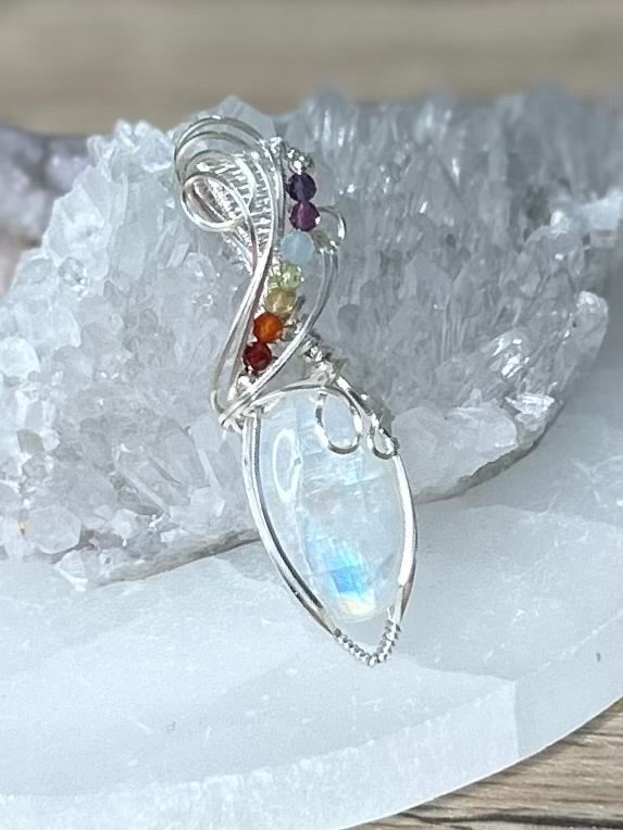 Rainbow Moonstone and 7 Chakras Sterling Silver Necklace